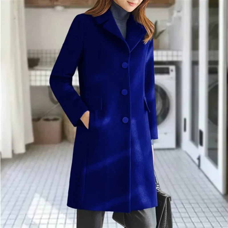 Women Long Sleeve Turn-down Collar Woolen Coat Women Solid Pocket Single-Breasted Straight Long Coat Autumn Winter Woolen Coat