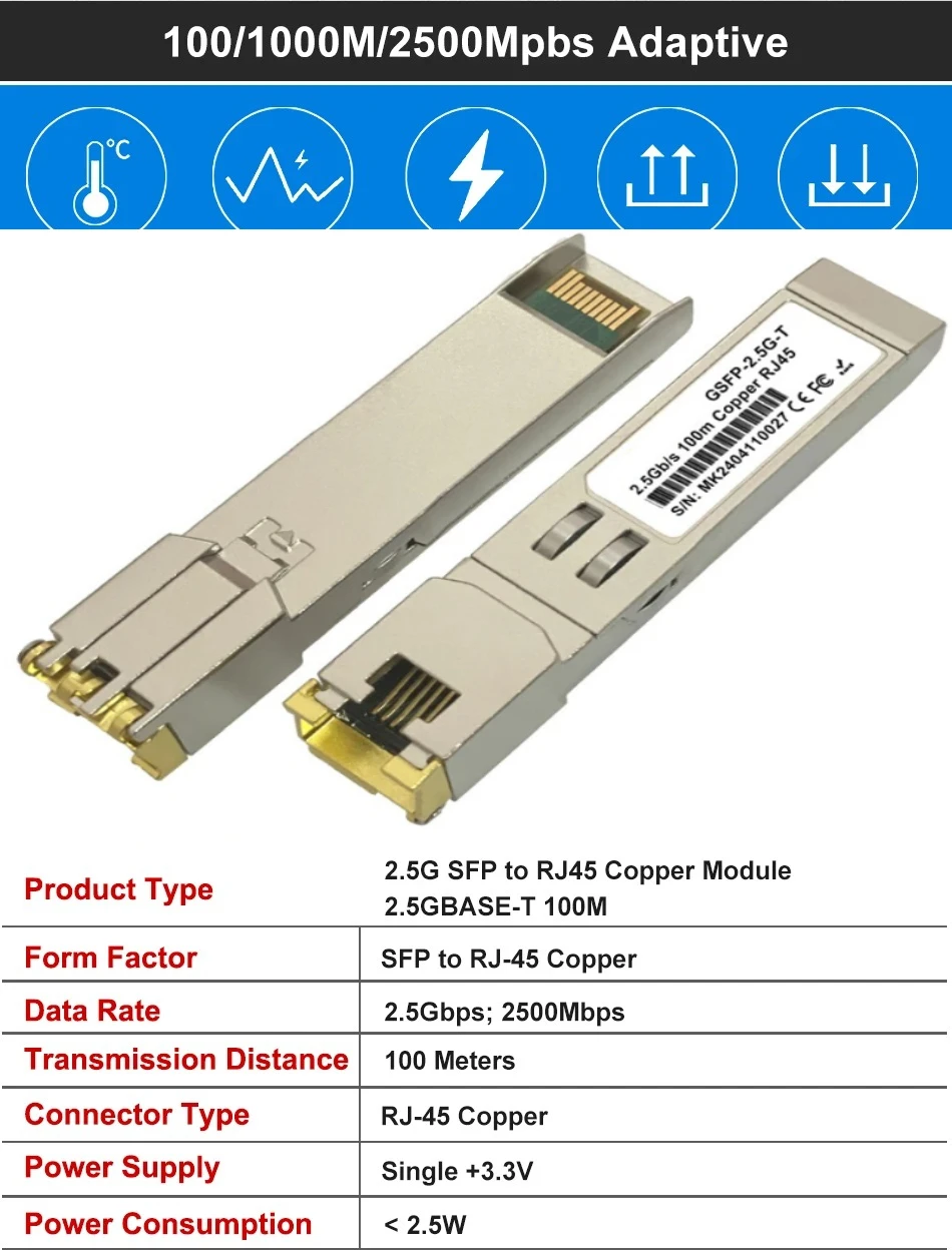 2.5g RJ45 SFP Module 2.5Gbps SFP Copper RJ45 SFP Transceiver Module Compatible with Cisco/Mikrotik Ethernet Switch