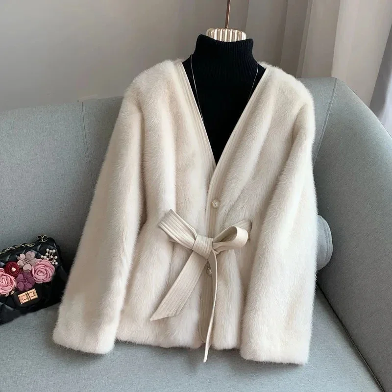 Autumn Winter Women's Faux Fur Coat New High End Imitation Mink Velvet Coat Loose Soft Comfortable Plush Jacket With Belt