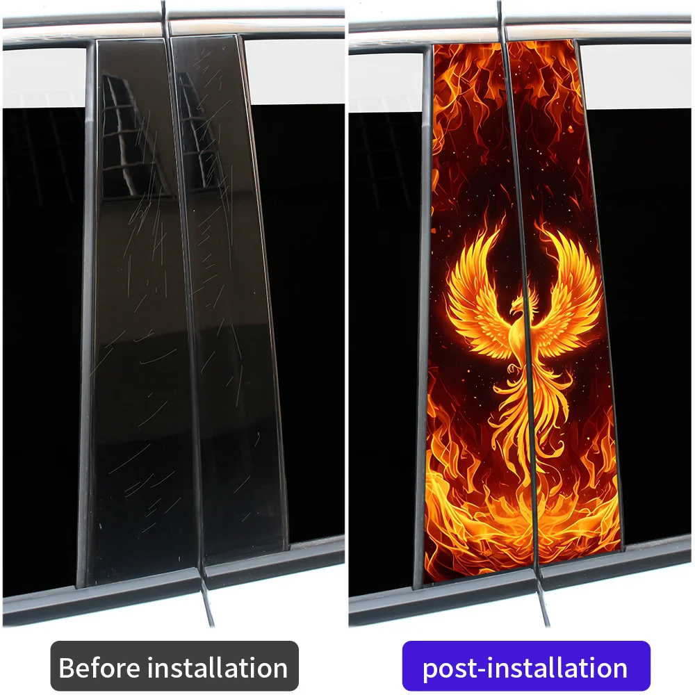 2pcs Creative Fire Phoenix Car B Pillar Stickers Flame Bird Graphics Auto Window Middle Pillar Decal Vinyl Wrap Accessories