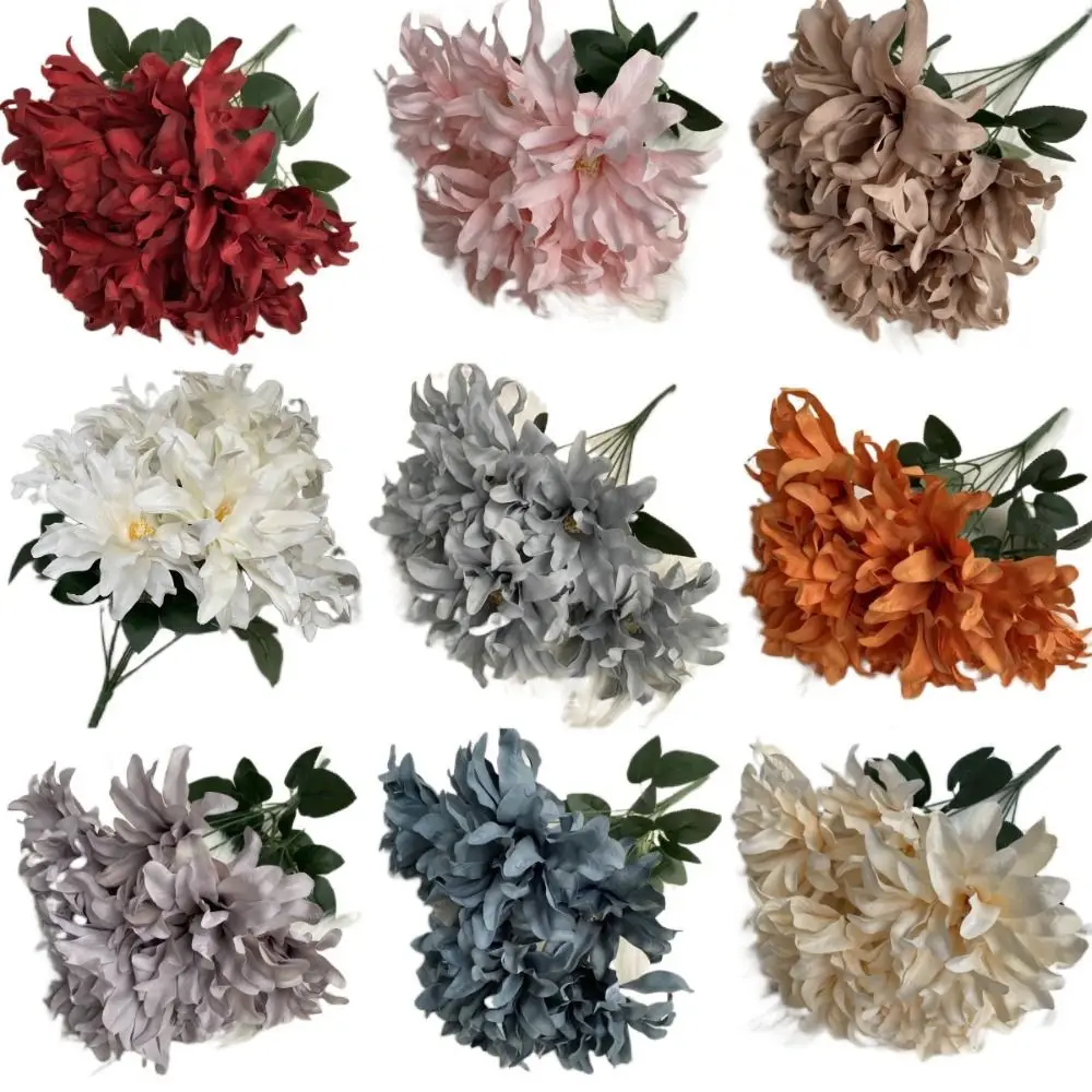 جديد 7 رؤساء الداليا باقة الزهور 45 سنتيمتر نحى القماش الداليا زهرة اصطناعية تشكيلة الأزهار DIY بها بنفسك وهمية الزهور صور الدعائم #2