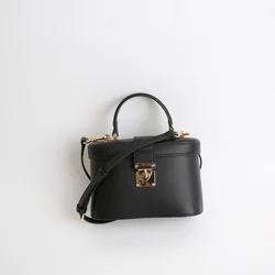 Small Sized Leather Box Shaped Women's Handbag Top Layer Cowhide Genuine Leather Crossbody Bag Simple Fashion Lock Buckle