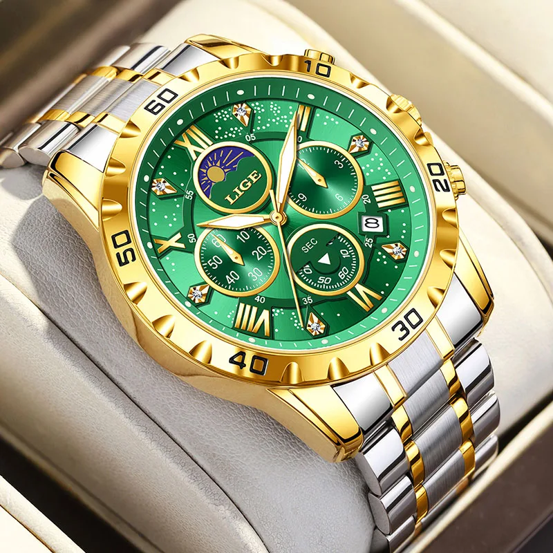 LIGE nouveau 24 heures Phase de lune hommes montre mode affaires montre hommes haut de gamme de luxe lumineux étanche Quartz chronographe mâle