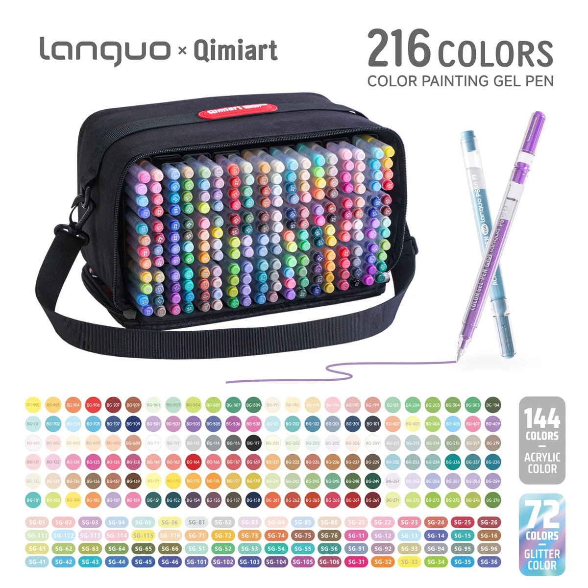 Languo 216-kleuren acryl- en glittergelpennenset met opbergtas, professionele verfpennen voor kunstenaars, canvas, en steenverf