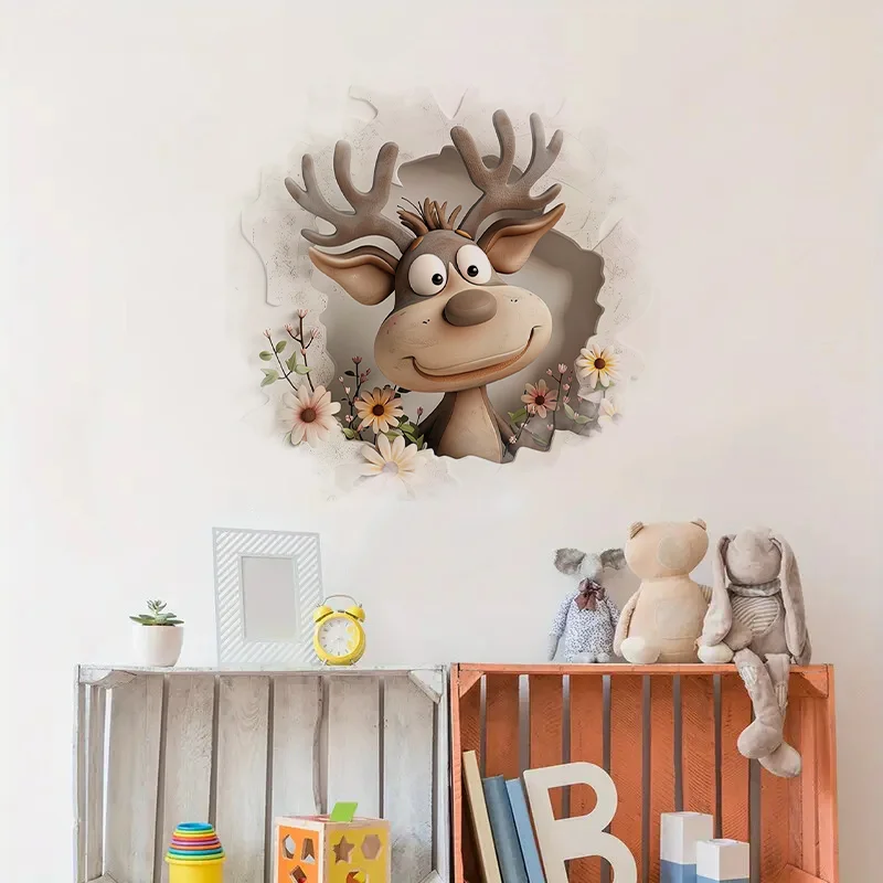 90777# Moose 3D Break the Wall Toilet Sticker, Durable Material, Perfect for Home Wall Decor