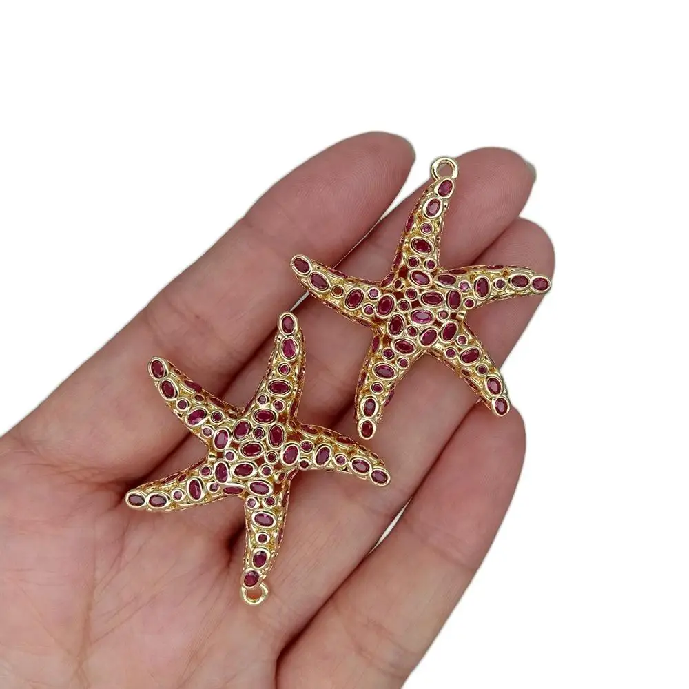 3 Pcs 40x40mm High Quality Brass Fuchsia Cubic Zirconia Sea Star Charms Pendant