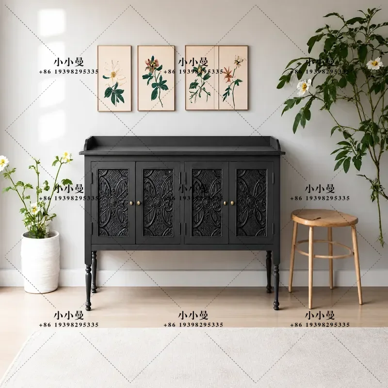 Retro Solid Wood Dining Side Cabinet Simple Antique Style Living Room Carved Storage American Light Luxury Large Capacity