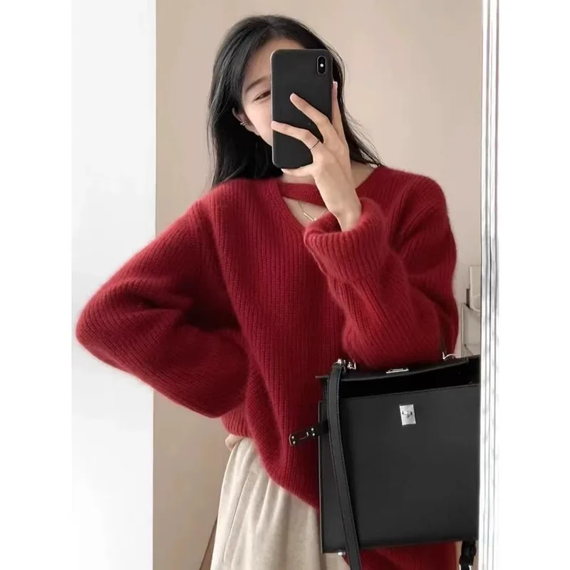 

Европейский свитер из чистого кашемира средней длины 100, для женщин на осень и зиму, высококачественный утолщенный свободный свитер