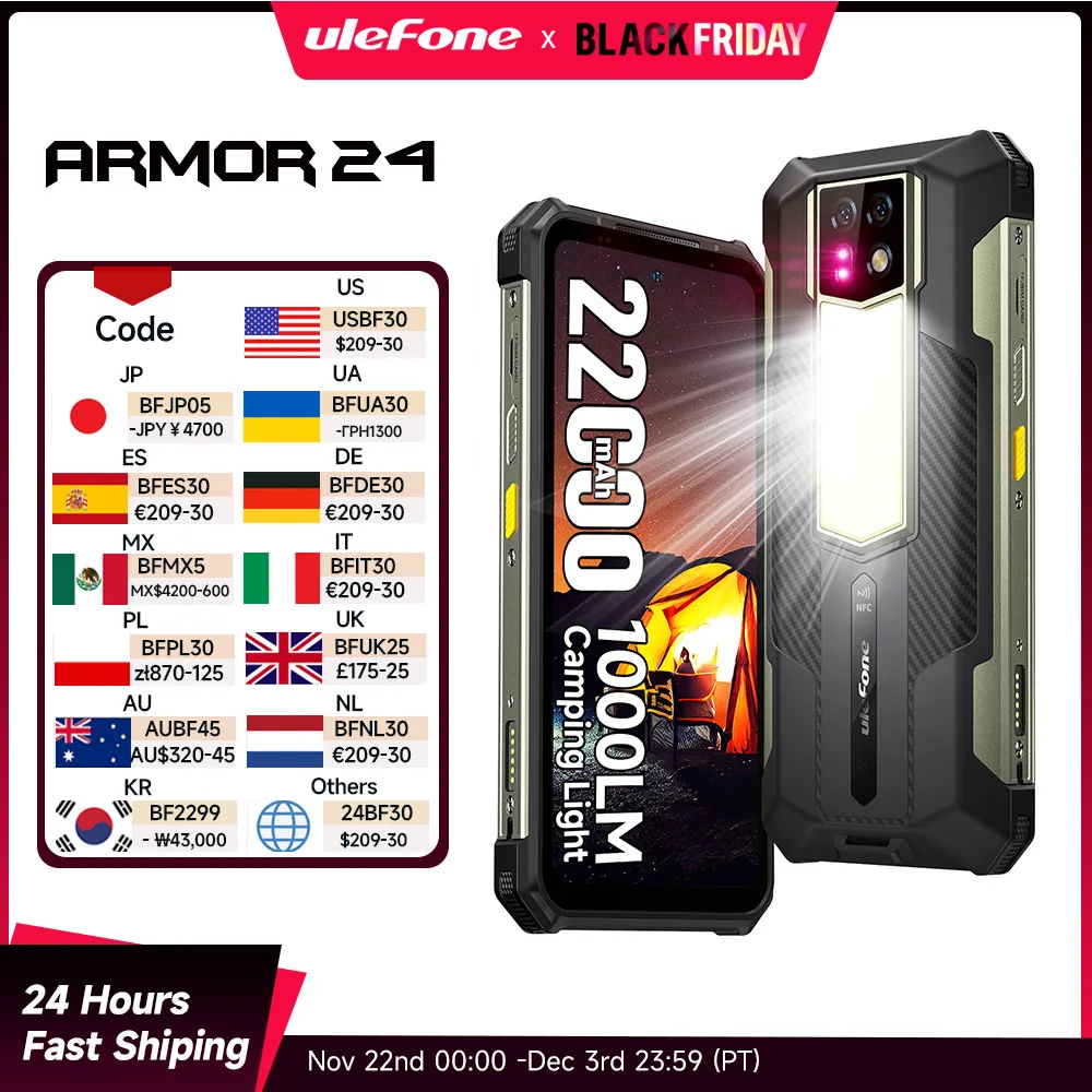 Ulefone Armor 24 22000mAh Battery,Rugged IP68/IP69K，Android 14,Up to 24GB RAM,256GB ROM ,64MP Night Camera , 6.78