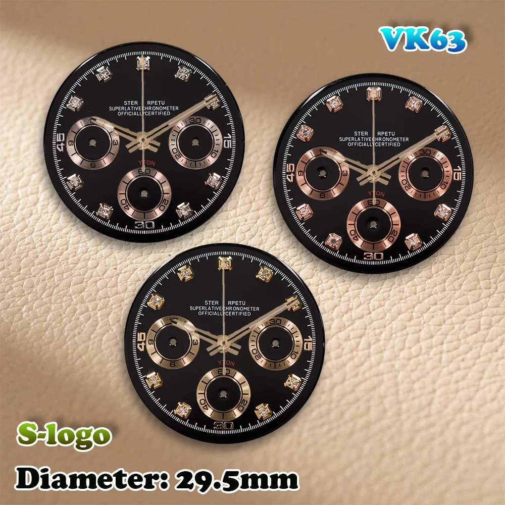 S Logo 29.5mm VK63 Panda Sunray Diamond Dial Watch for Men - Green Luminous Watch Modification Accessories
