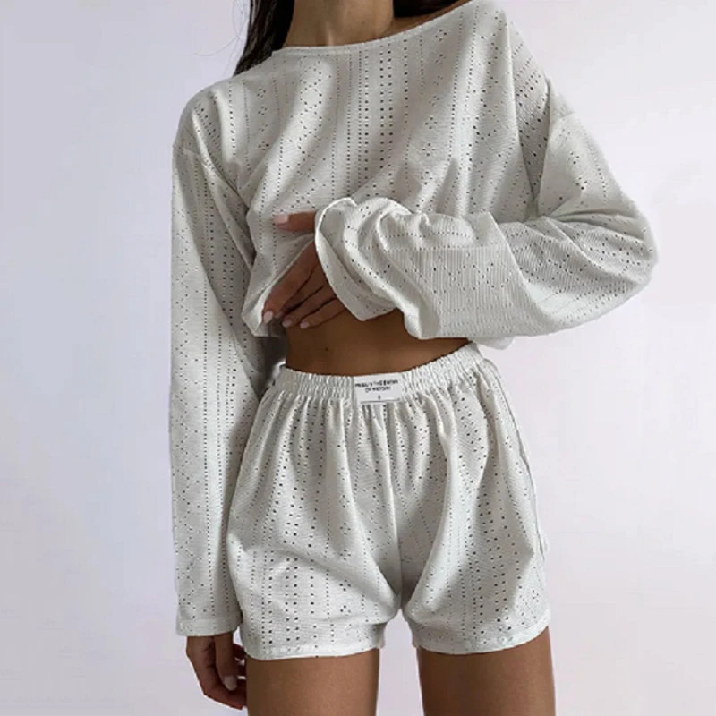 Spring Summer New Solid Color Women's Set Fashion Simple Slim Fit Loose Fitting Pullover Long Sleeved Top Elastic Waist Shorts