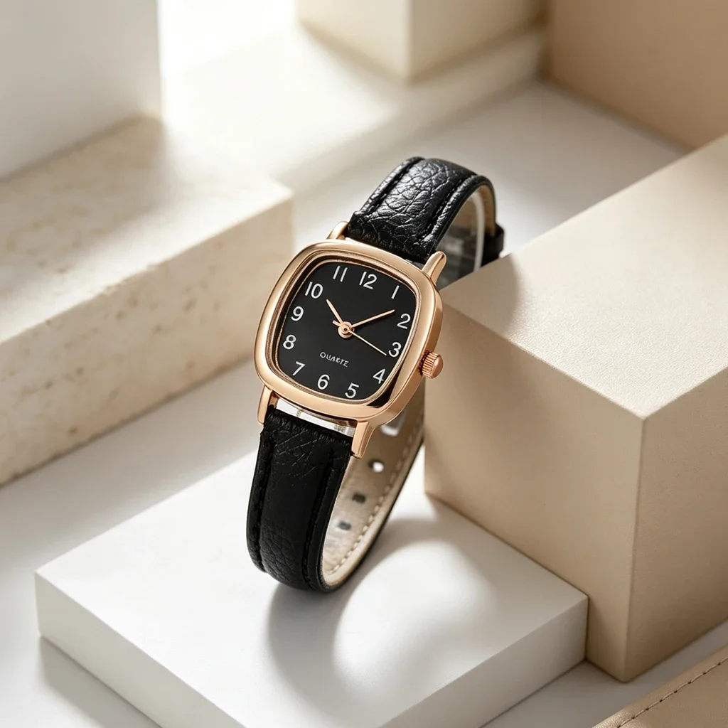 Ladies Vintage Square Dial Wristwatch Rose Gold Frame Black Leather Band Casual Watch Without Box