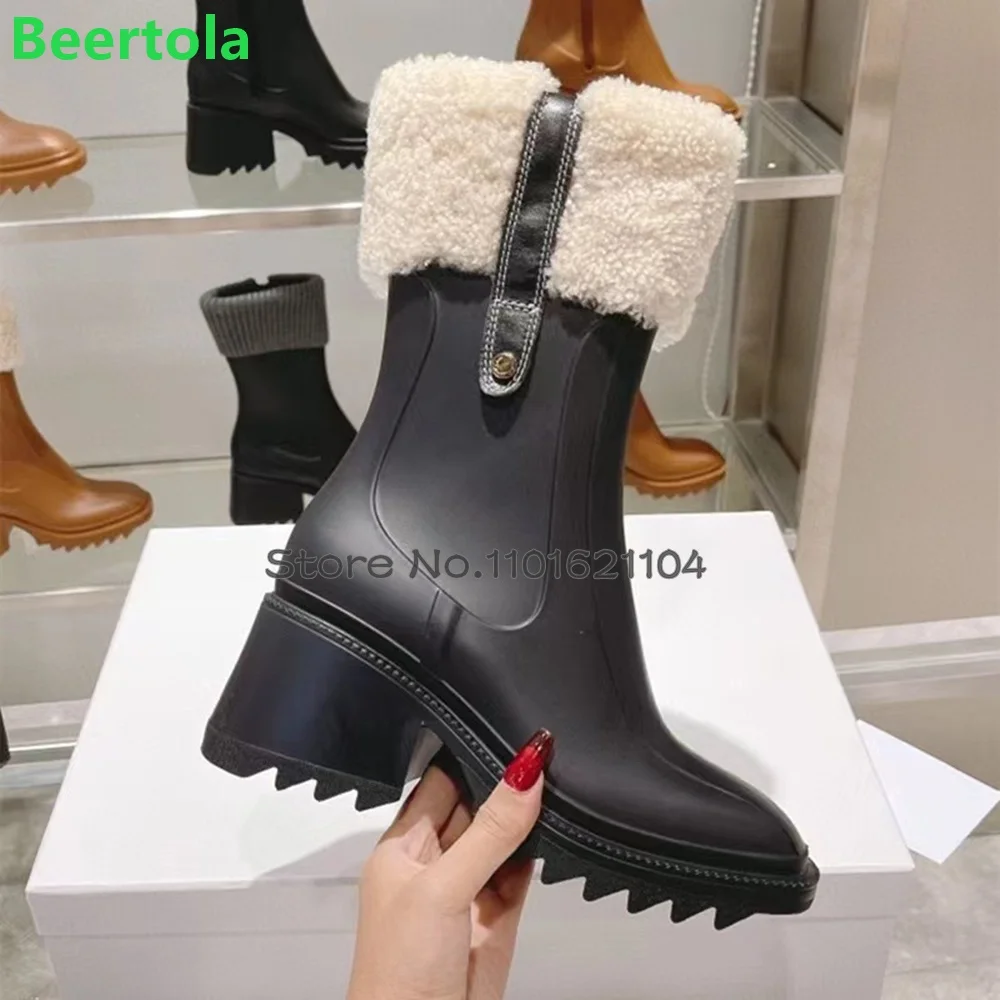 Chunky Heel Lambswool Luxury Boots For Female Women 2024 Winter New Sqaure Heel Side Zipper Non-slip Solid Fashion Elegant Shoes