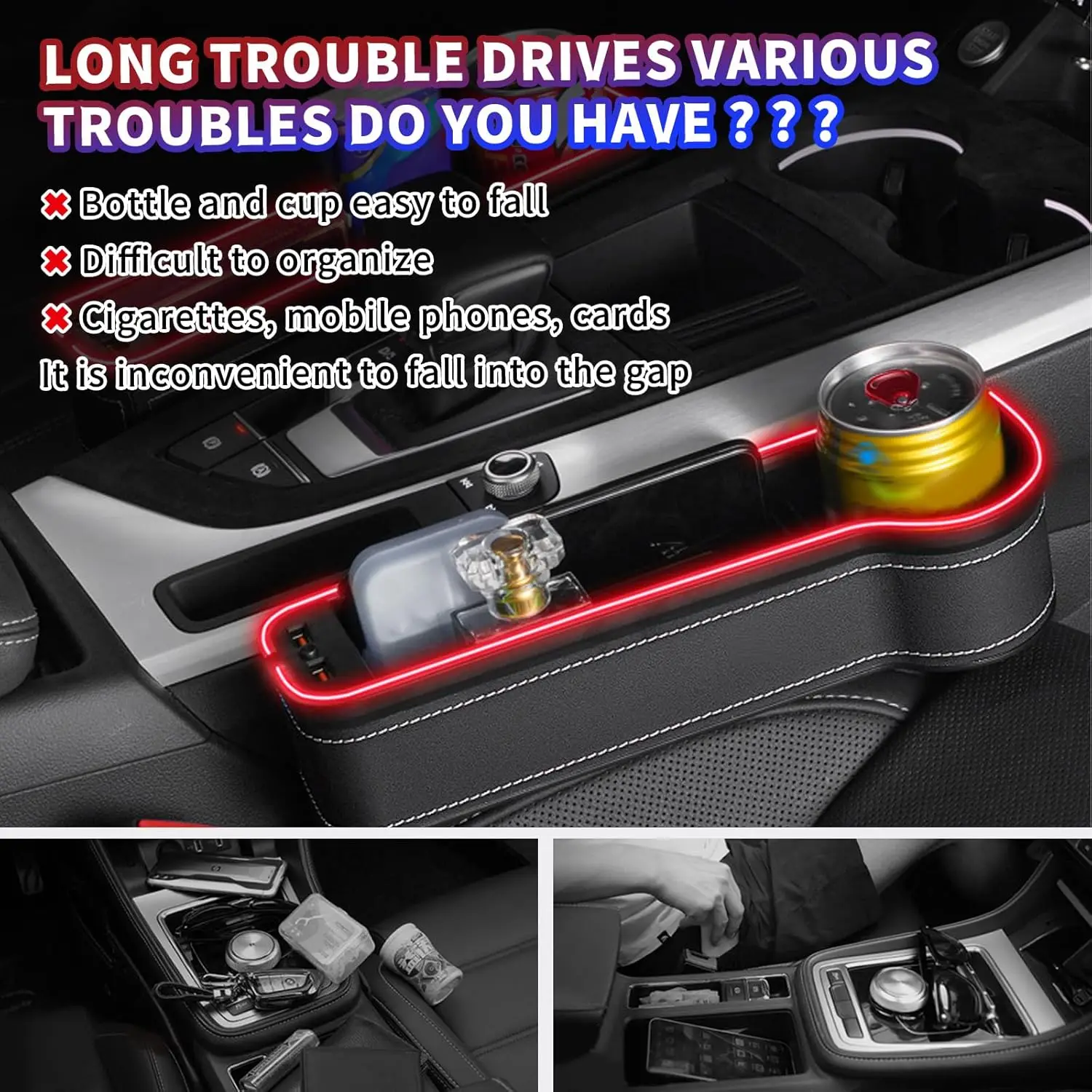 صندوق تخزين جانبي لوحدة التحكم في حشو مقعد السيارة LED المتغير اللون مع حامل أكواب وشواحن USB