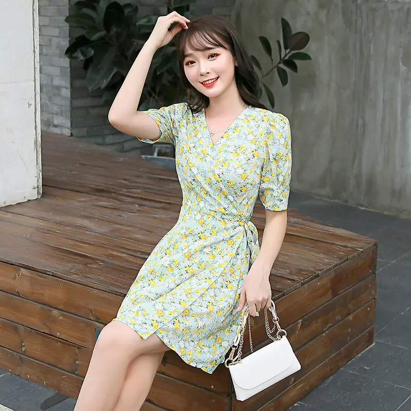 Puff Sleeve Chiffon Midi Korean Loose Summer Light Dress Floral Fashion Casual Elegant 2024 Women\'s Dresses Aesthetic Tunics