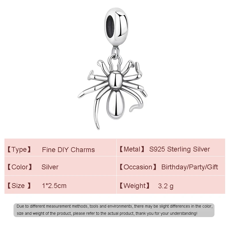 European S925 Sterling Silver Spider Pendant DIY Charm For Original Women Bracelet Necklace Chain Jewelry