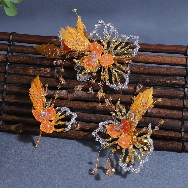 Lucky Bracelet Hand String Orange Gold Crystal Feather Butterfly Hairpin Hanfu Antique Headwear New Chinese Bride Hair Clip Jade