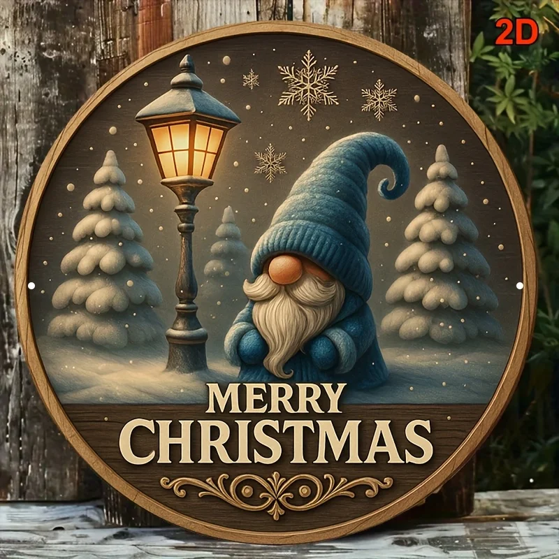 2D Flat, 1pc Round 8x8 Inch French-Style Aluminum Decorative Plaque - Vintage Christmas Gnome with Snowy Street Lamp & Pine Tree