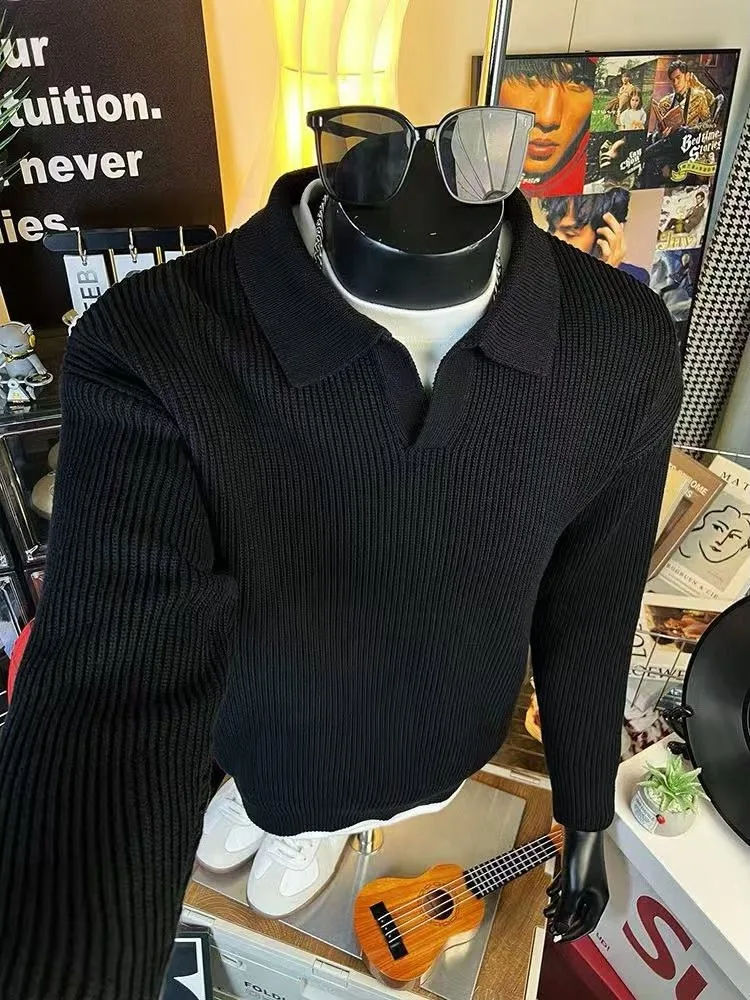 Cleanfit Black V-Neck Knitwear Men's Autumn Winter Long Sleeve  Collar Lazy Style Sweatshirt Jacket Loose Fit Medium Thick