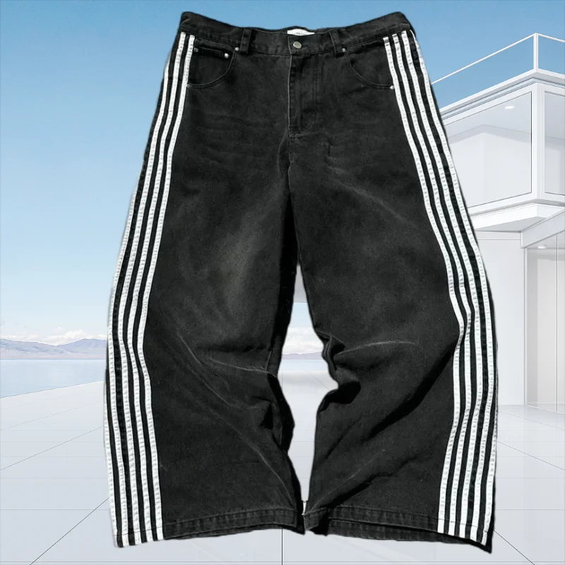 2025 Men's loose jeans vintage striped embroidered high waisted jeans men's women's casual pants Harajuku street loose wide leg