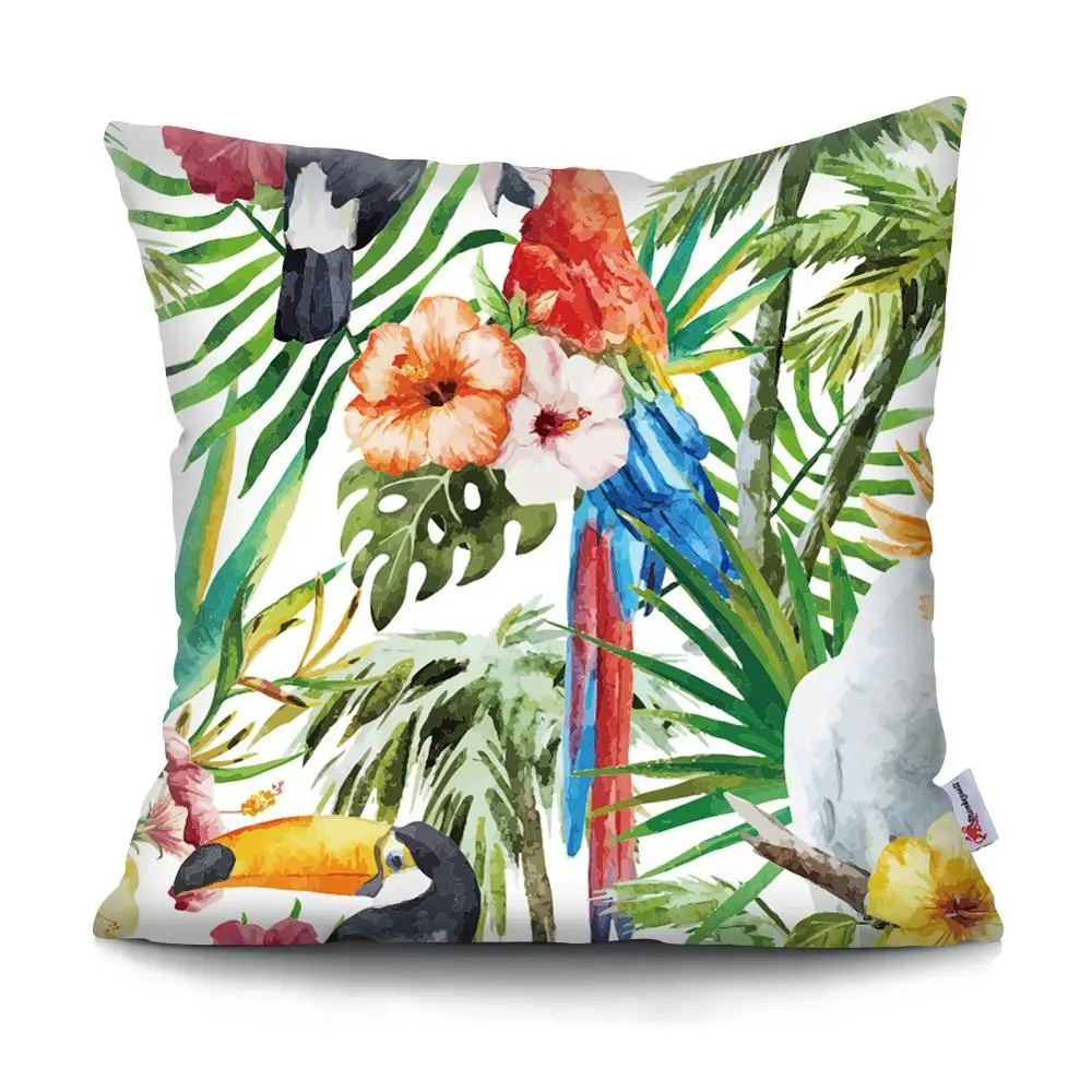 Tropical Plant Parrot Double-sided Printed pillow cover Short plush Suitable living rooms bedrooms sofas throw cushion cover