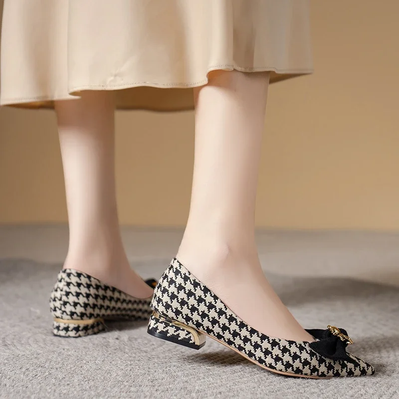 Schoenen Voor Dames 2024 Nieuwe Slip On Damesflats Herfst Puntige Neus Gemengde Kleuren Houndstooth Vlinder-Knoop Ondiepe Mondschoenen