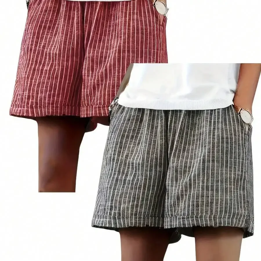 

Women Striped Pocket Elastic Waist Wide Leg Casual Shorts