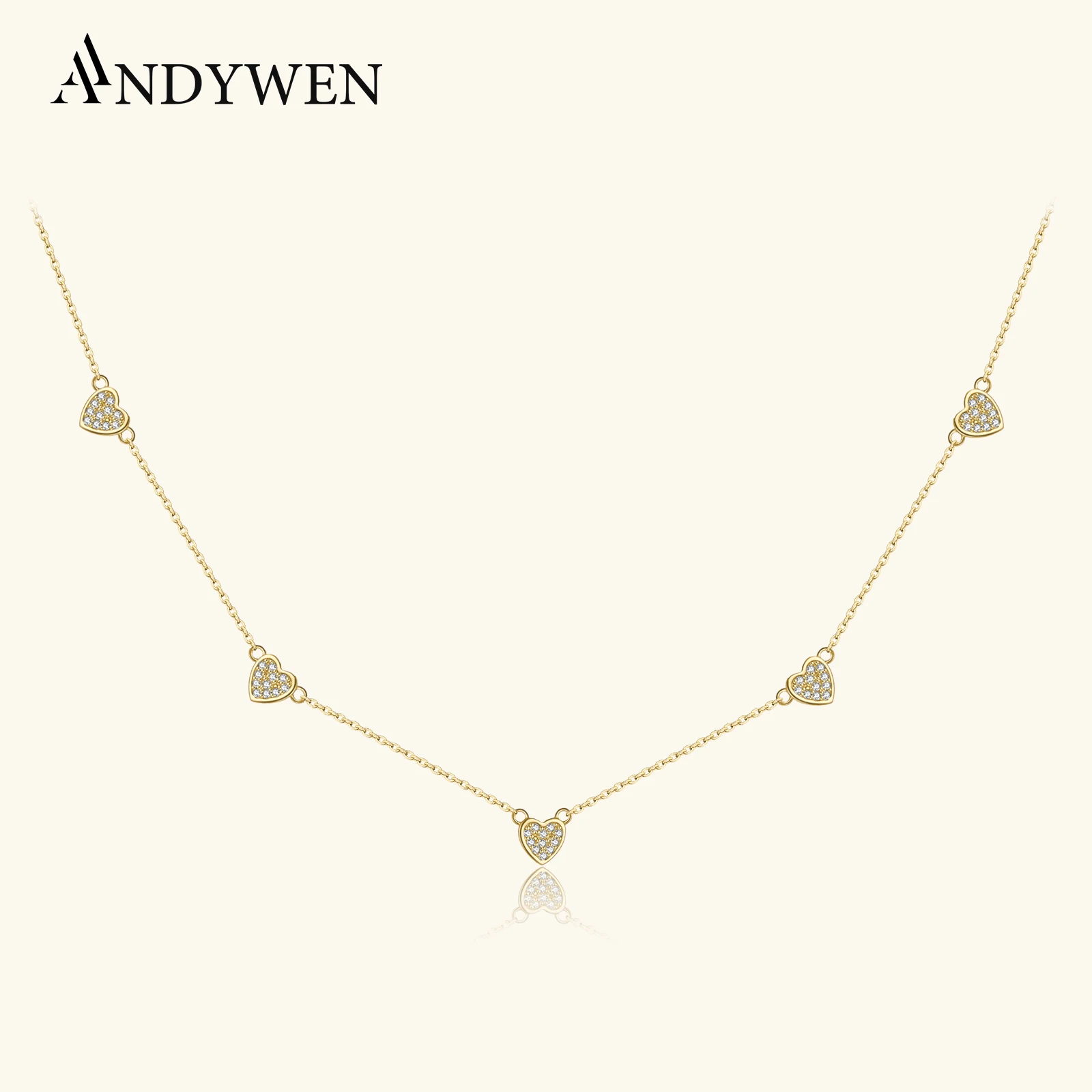 ANDYWEN Kobiety 925 Sterling Silver Zircon CZ Heart Chain Wisiorek Naszyjnik 2024 Drobna luksusowa biżuteria ślubna na rocznicę urodzin