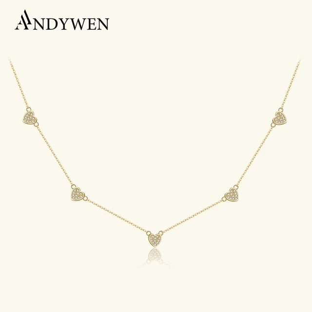 ANDYWEN Kobiety 925 Sterling Silver Zircon CZ Heart Chain Wisiorek Naszyjnik 2024 Drobna luksusowa biżuteria ślubna na rocznicę urodzin