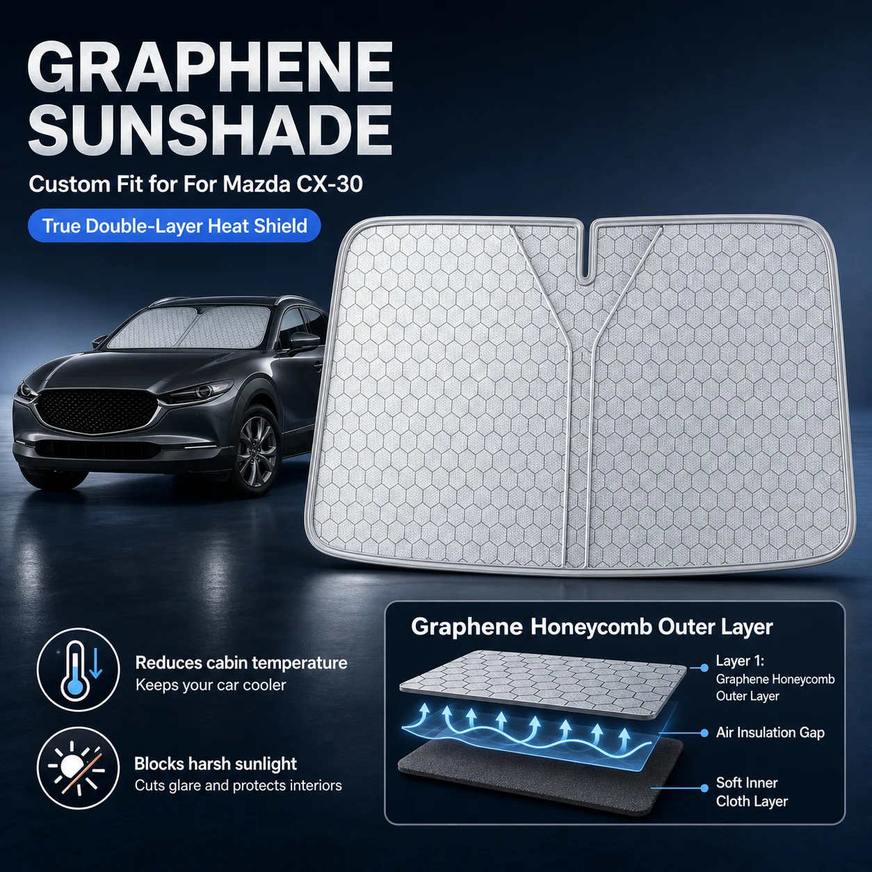 For Mazda CX-30 Graphene Windshield Sunshade Custom Fit Car Sunshade UV Sun Protection Car Interior Accessories