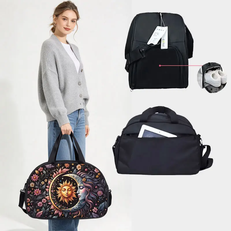 Boho Sun Moon Goddess Floral Travel Duffel Bags Large Capacity Weekend Overnight Bag Women Witchy Style Handbag Gym Bag