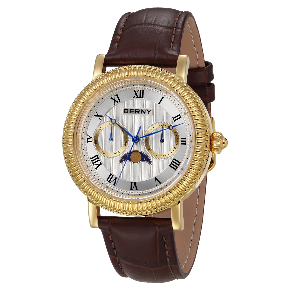 

BERNY Luxury Dress Watches for Men Brand Business Gold Quartz Real Moons Man Watch S/S Sapphire Calendar Moon Phase Wristwatch