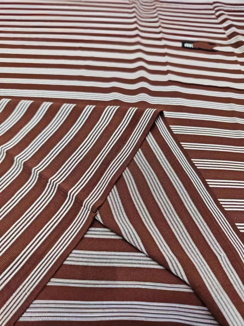 Cocoa Stripe round Neck Short Sleeve T-Shirt Women's High-Definition Early Spring New Style Letter Logo Patch Decorated Top