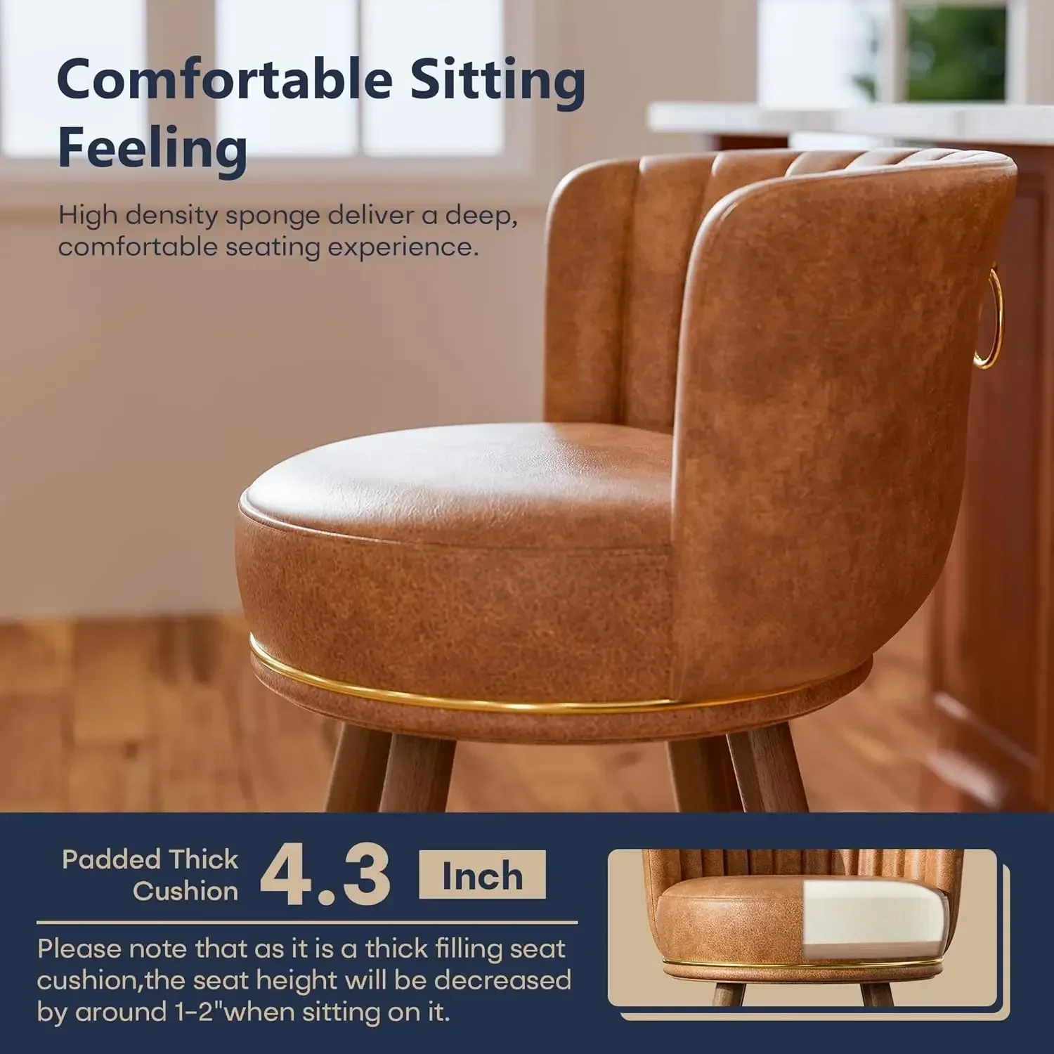 Counter Height Bar Stools Set of 4, Swivel Bar Stools with Back, 24" H Seat Height Upholstered Counter Stools with Wood Legs