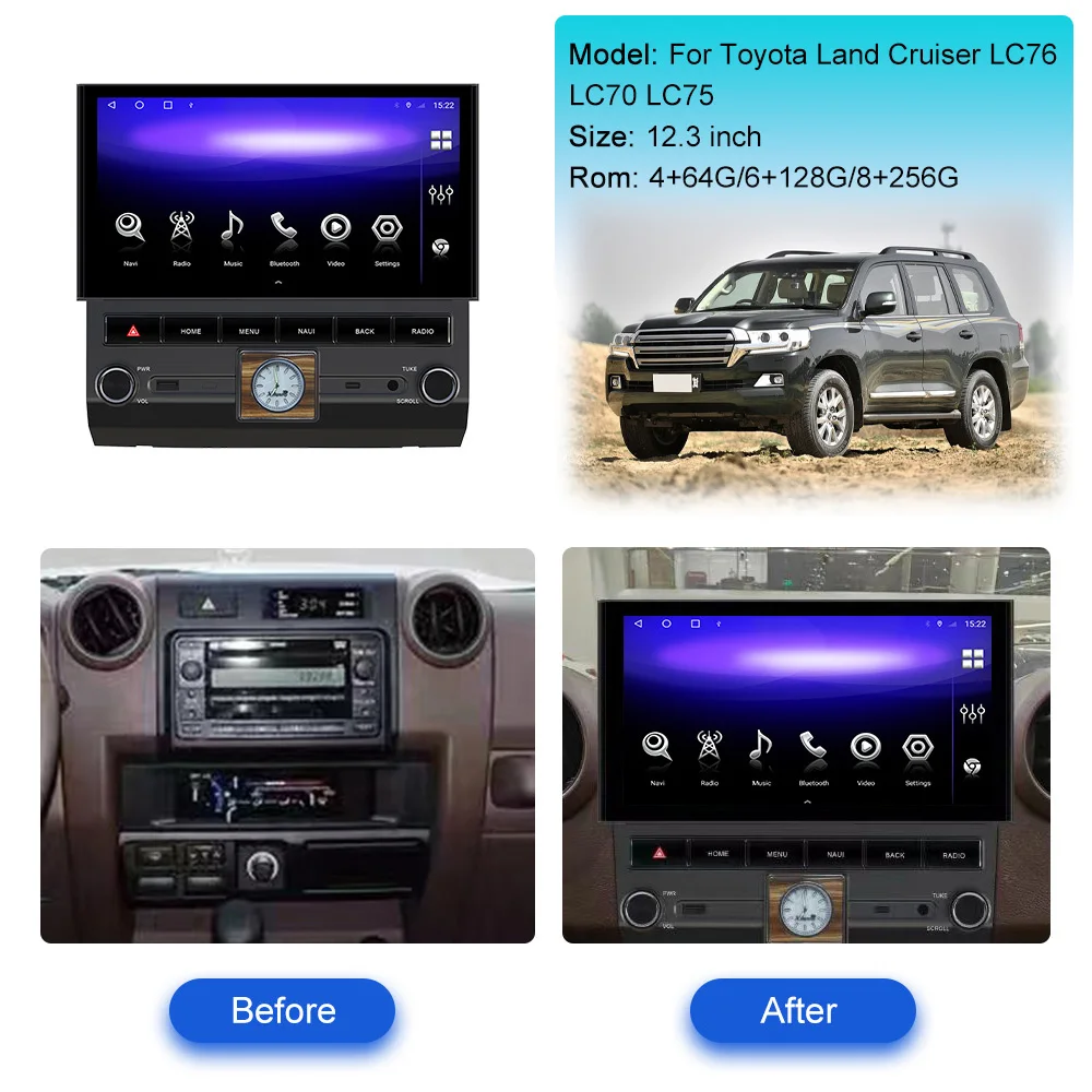 

12,3-дюймовый автомобильный радиоприемник для Toyota Land Cruiser LC76 LC70 LC75 2009-2022, GPS-навигация, мультимедийный стереоплеер, блок Carplay, AI-экран