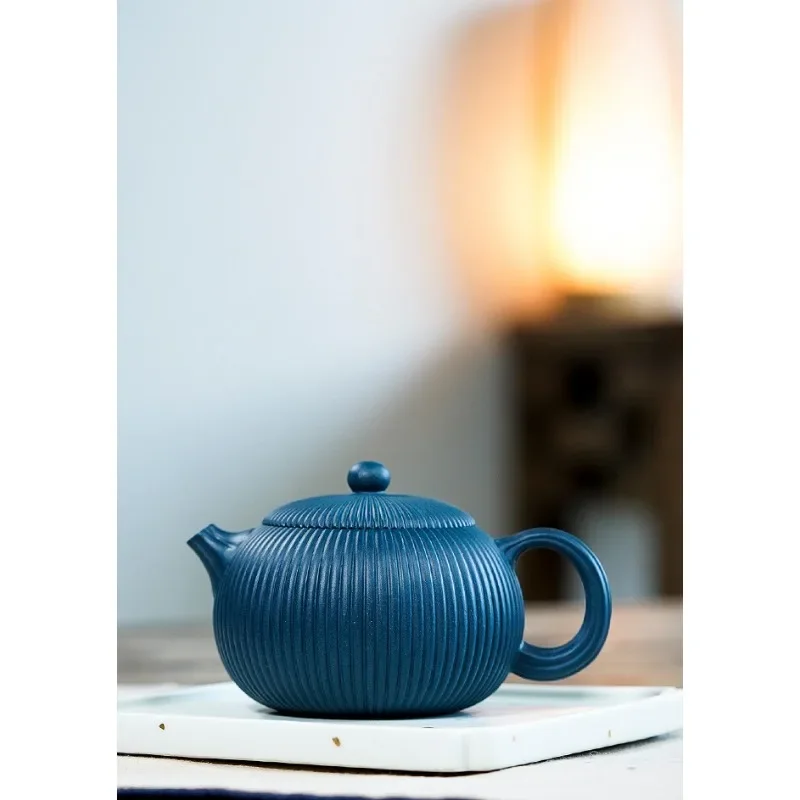 250ml Yixing Famous Purple Clay Teapots Handmade Stripes Xishi Tea Pot Raw Ore Azure Mud Beauty Kettle Authentic Zisha Tea Set