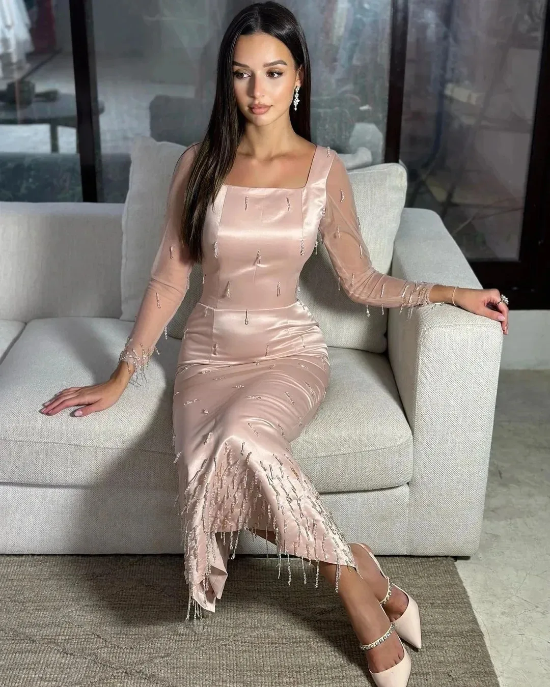 

Pink Prom Gowns Square Collar Long Sleeves Wedding Party Dress Beadings Ruched Christmas Dresses Satin Ankle Length Evening Gown