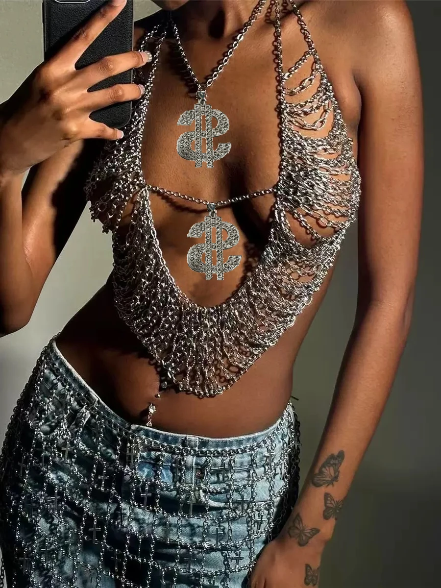 

Women Metal Tassel V Neck Tank Top Sexy Backless Halter Neck Hollow Out See Through Camisole Rave Festival Party Crop Tops