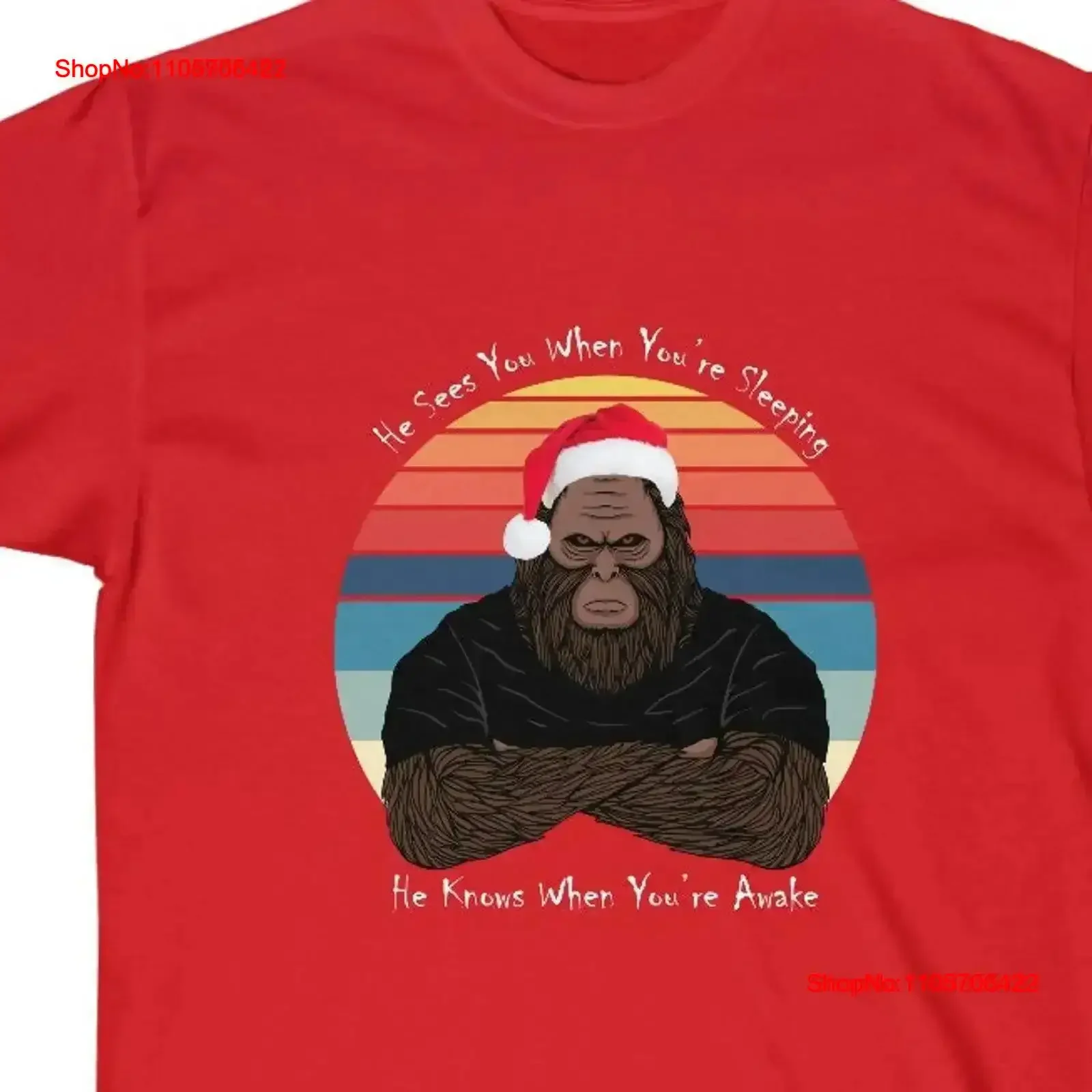 Bigfoot Christmas T Shirt Larger Fit Ultra Cotton He Sees You When You're Sleeping for Dad vintage Washed Soft Stretched