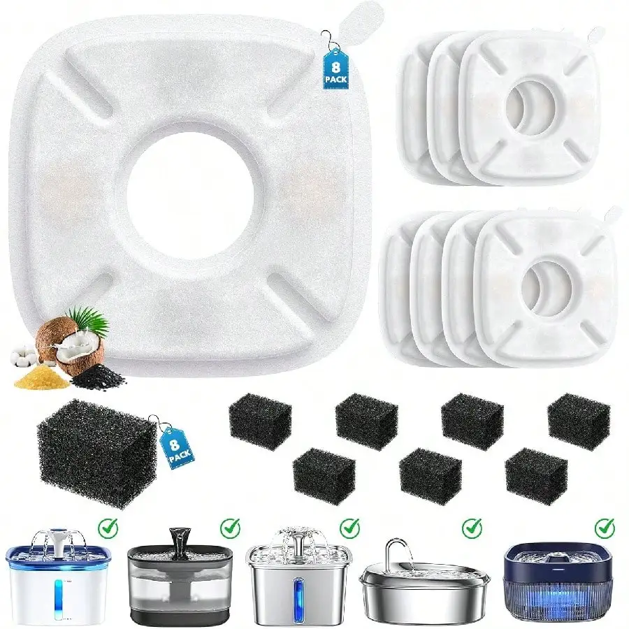 Cat Water Fountain Filters For Veken 95oz/2.8L, 67oz, 85oz, 135oz Dog Water Fountain Automatic Pet Fountain Dog Water Dispenser 25Pcs Pet Fountain Filter Replacement & 25Pcs Pre-Filter Sponges