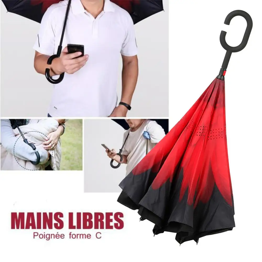 Portable Umbrella C-Handle Double Layer Umbrella Long Shank Windproof Folding Inverted Upside Down Reverse For Cars Rain Gear