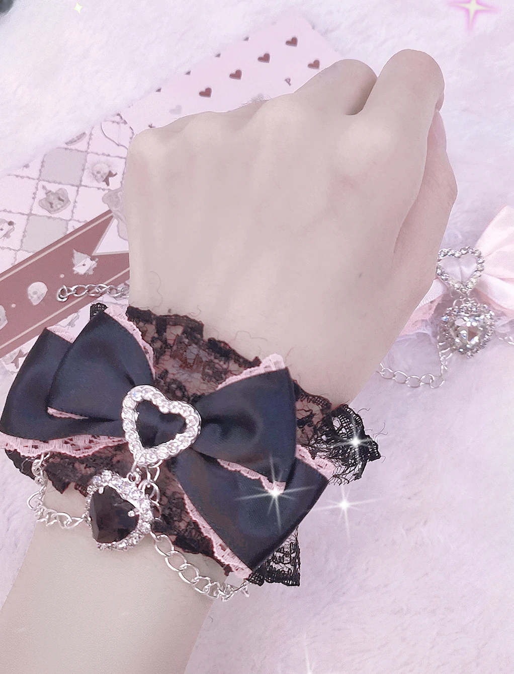 Original Japanese Lolita Accesories Mine Mass-Produced Lace Heart Shape Rhinestone Pendant Bow Wristband Bracelet Oversleeves