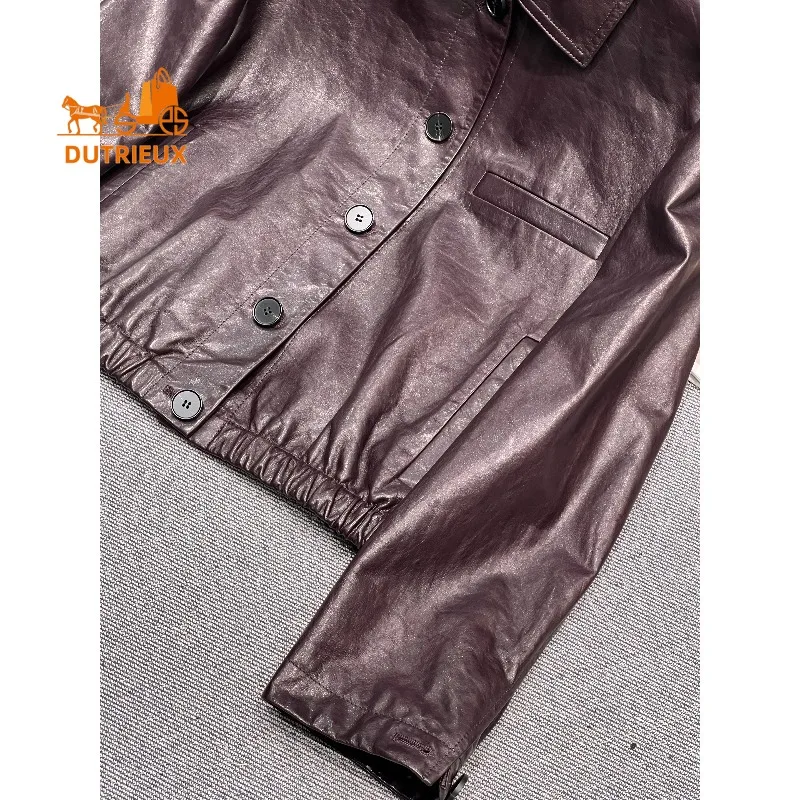 Giacca da donna in vera pelle dal design elastico in vita con risvolto autunnale, cappotto classico rigoro squisito ed elegante in vera pelle di pecora al 100%.