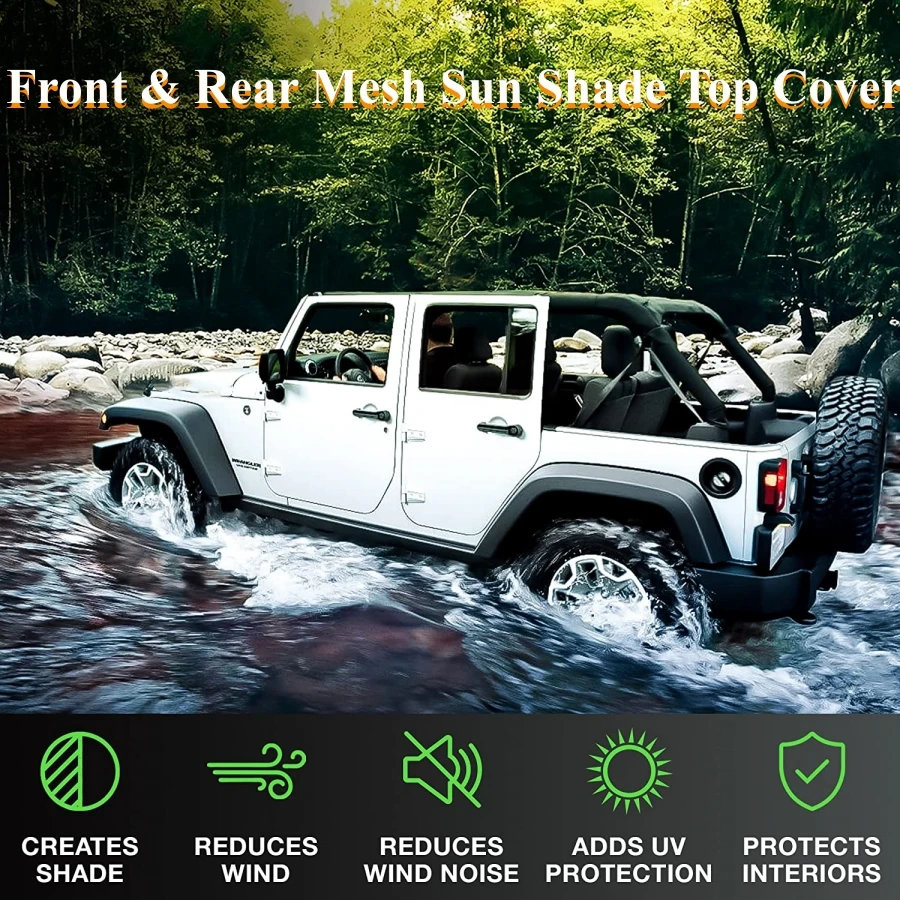 Auto Parts 2 PCS Front and Rear Mesh 4 Door Top Sun Shade Cover Compatible with Jeep Wrangler JK JKU 2007-2018