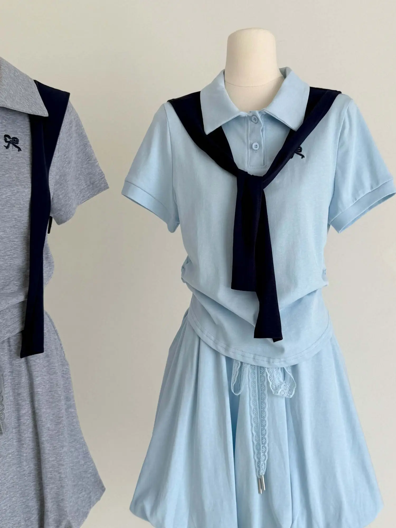 

Summer Korean College Style Fashionable Versatile Neck Short Sleeve T-Shirt Shawl High Waist Slimming Short Skirt Three ...