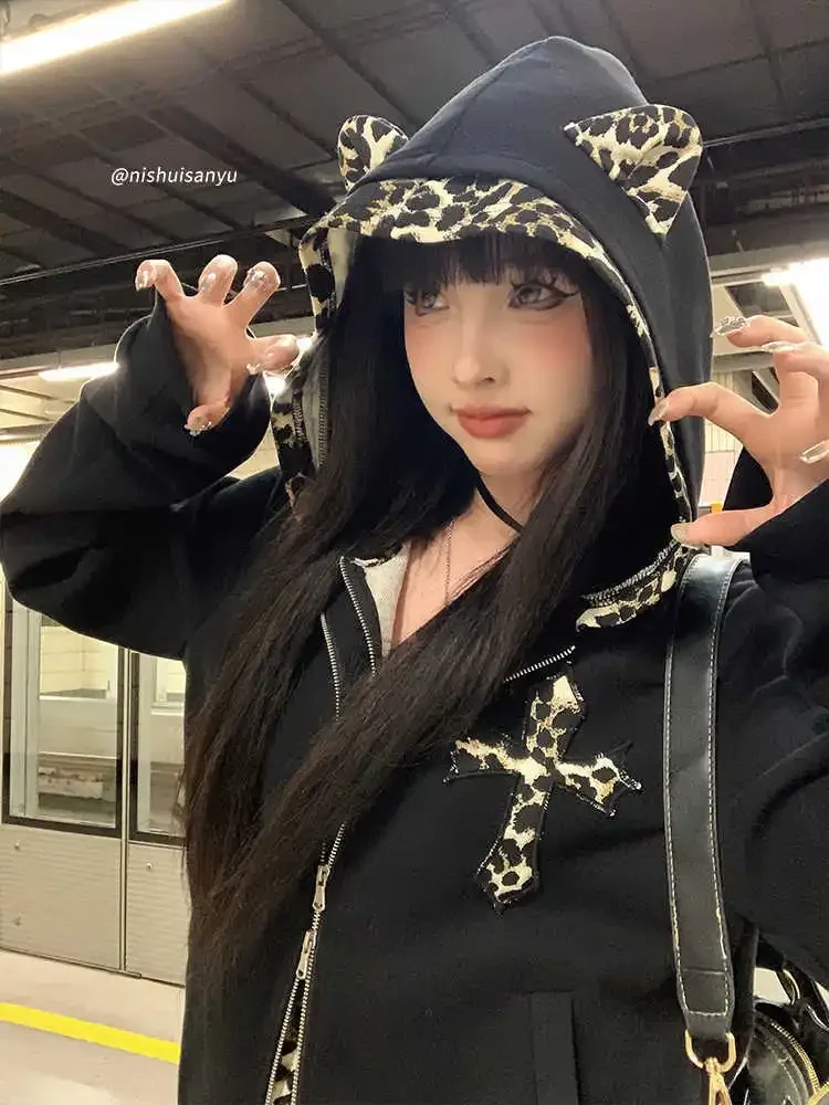 Deeptown Harajuku Leopard Print Women Zip Up Hoodies Vintage Gyaru Streetwear Japanese Style 2000s Aesthetic Sweatshirt Oversize