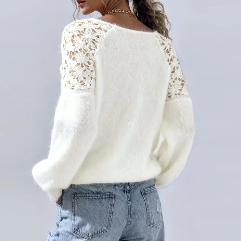 سترة محبوكة فضفاضة بياقة دائرية للربيع، بلوزة نسائية مثيرة بنقشة جاكار دانتيل مجوفة، سترة محبوكة بأكمام طويلة للخريف، سترة هاراجوكو