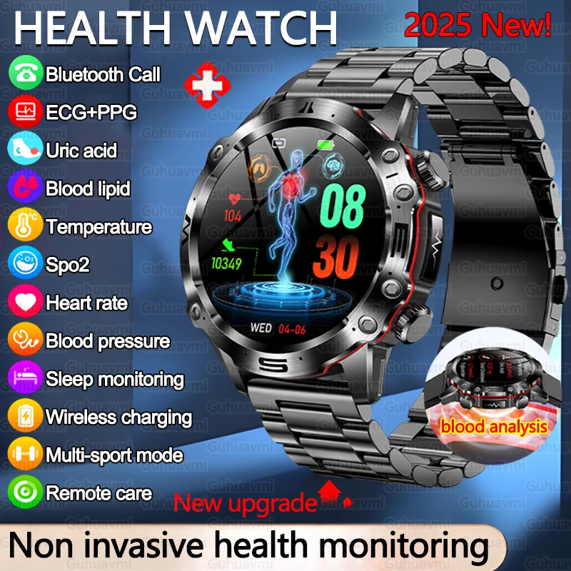

2025 New Professional Health Smart Watch Accurate Blood Pressure Blood Fat Uric Acid ECG+PPG HD Bluetooth Call Smartwatches Men