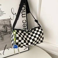 Casual Checkered Canvas Cylinder Shoulder Bag, Versatile Crossbody Purse with Drawstring Detail Adjustable Strap,Sports Travel - Image 5