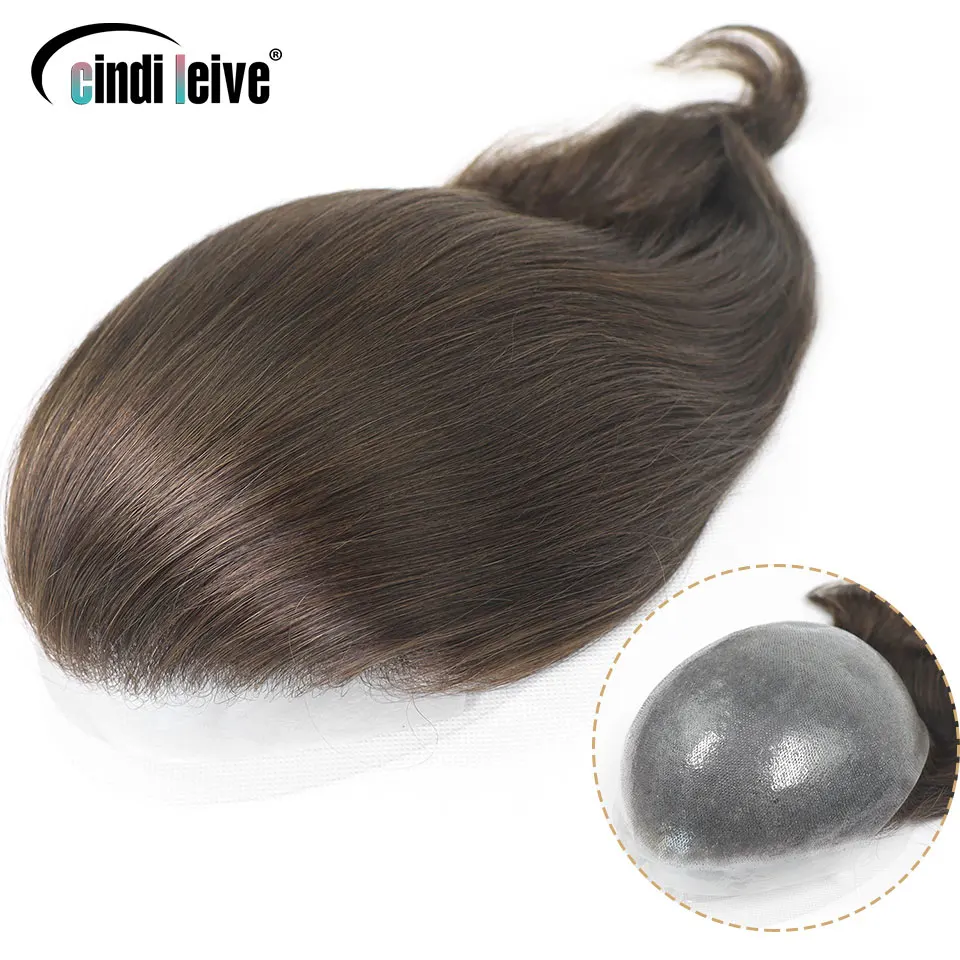 #4 Full PU Toupee For Men Back Style  Human Hair Replacement System V Loop Full Poly Skin Mens Hairpieces 0.06MM PU Mens Toupee